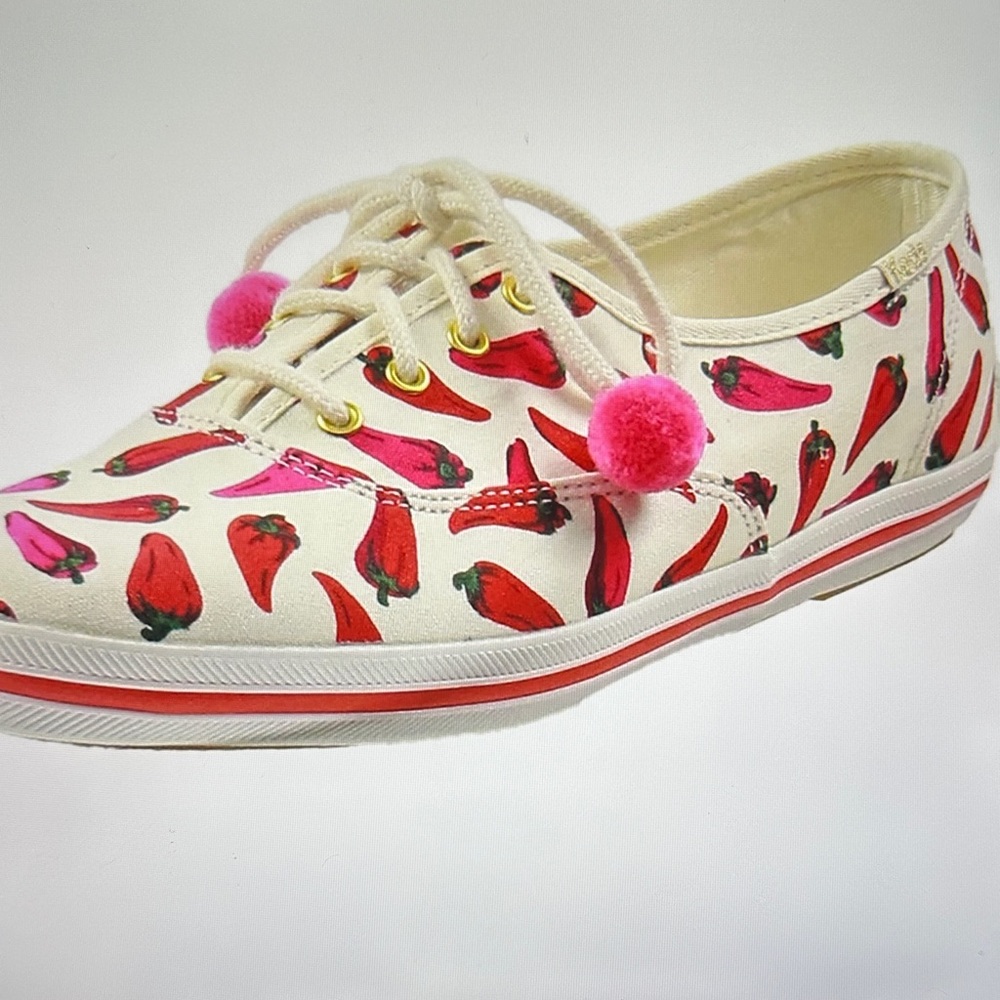 NWT $100 Kate Spade Keds Canvas Sneakers with Red and Pink Pepper Design Sz 8
